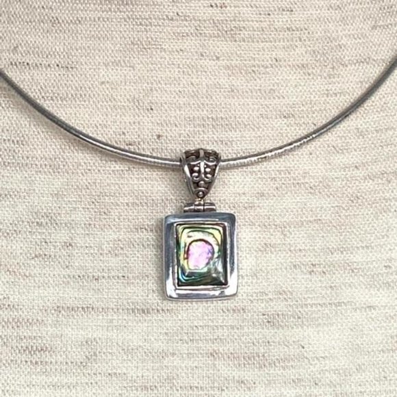 Sterling Silver Paua Abalone Pendant Necklace 16" Round Omega Chain - Picture 3 of 16